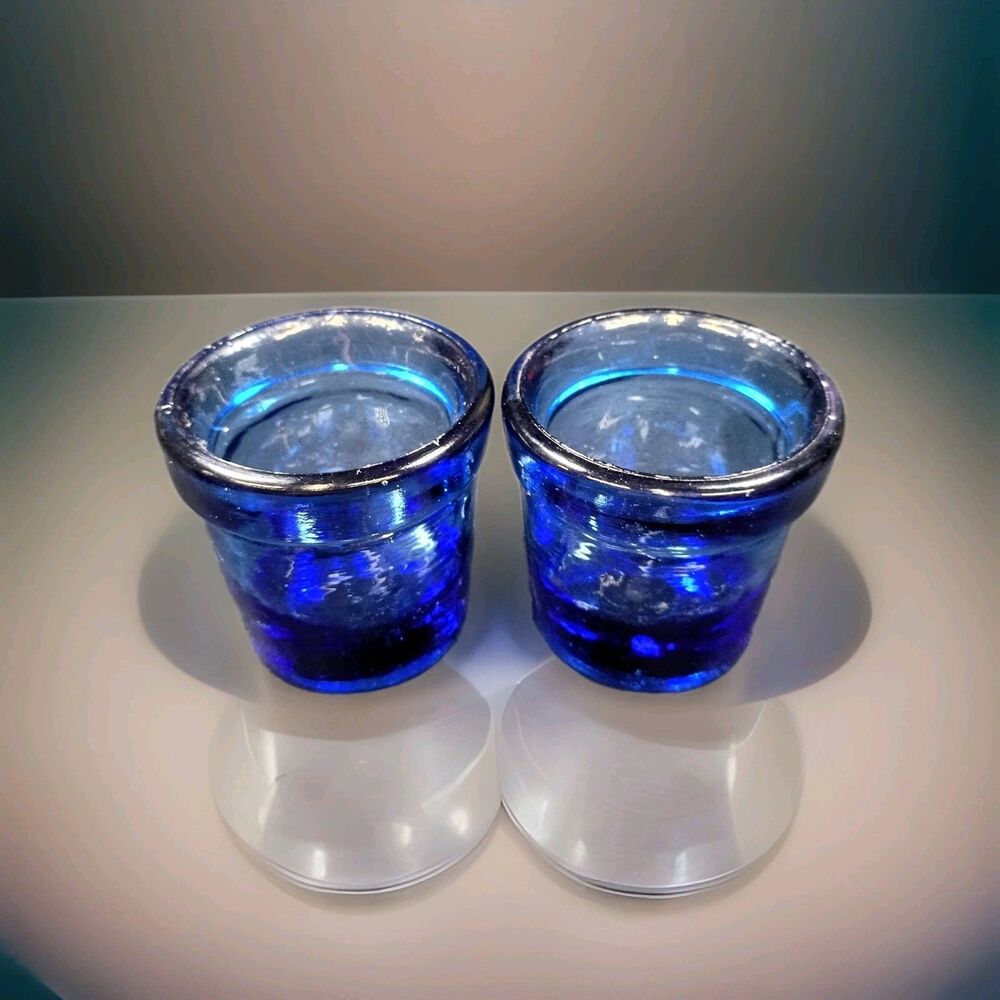 Pair Of 2 Vintage Tealight Candle Holder Cobalt Blue Glass Votive Anchor Hocking